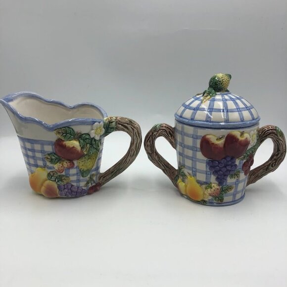 Vintage 1994 Omnibus China Sugar and Creamer Set Checkered Fruit Theme - Picture 3 of 15